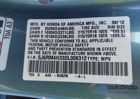 2013 Honda Cr-V Lx из США, поврежденный, VIN 5J6RM4H33DL006312